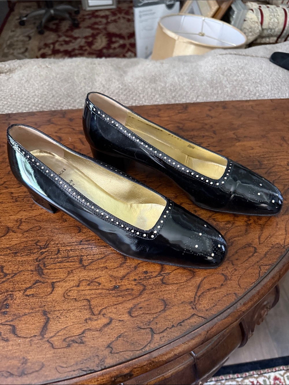 Bruno Magli Black Patent Low Block Heel Pumps with Stud Trim